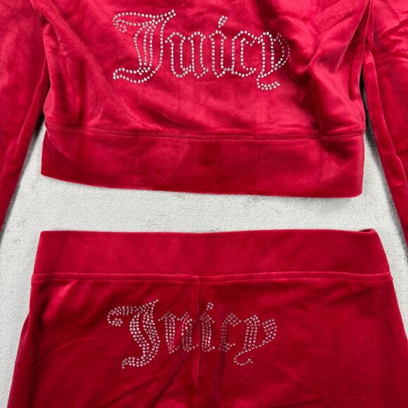 New Juicy Couture Classic Velour Tracksuit Set Red Womens Rhinestone Logo Y2K M - Picture 7 of 10